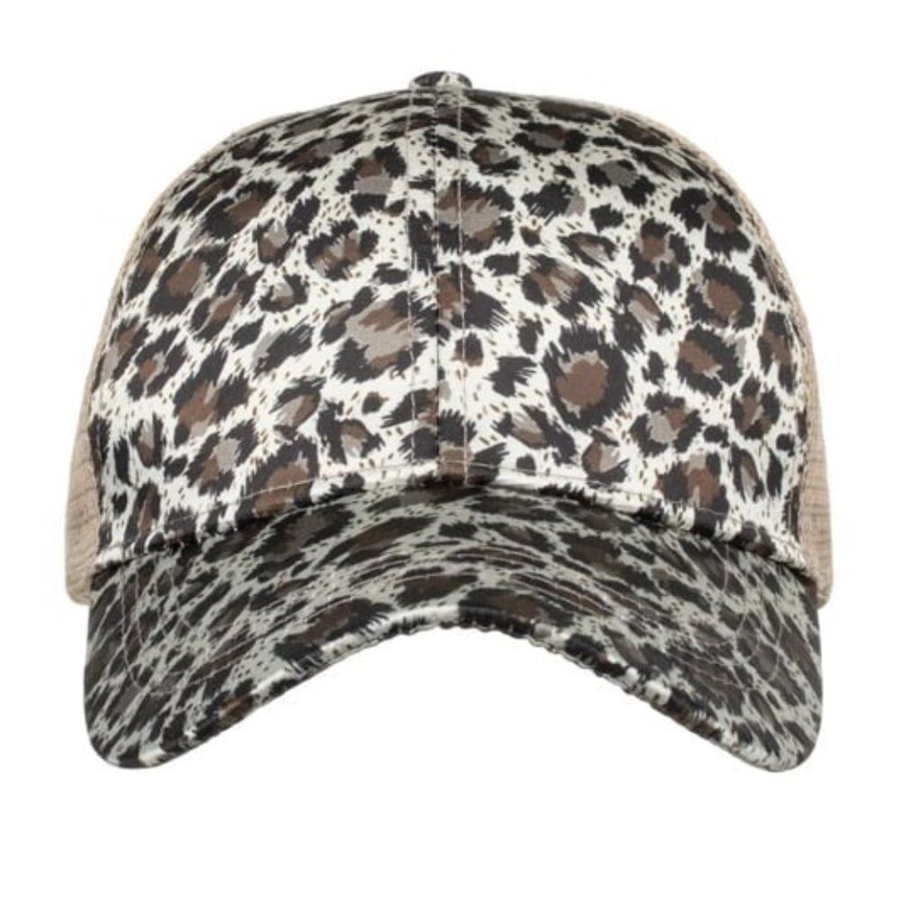 Tan & Brown Leopard Print Baseball Cap Snap-Back Ponytail Hat - Picture 2 of 4